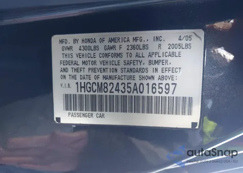 2005 Honda Accord 3.0 Lx Special Edition из США, поврежденный, VIN 1HGCM82435A016597